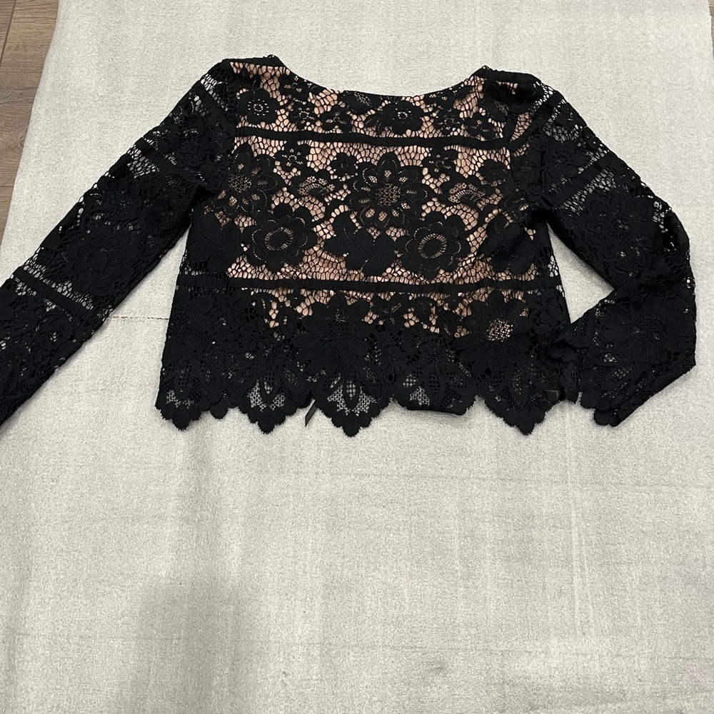 [XS] For Love & Lemons Gianna Crop Laced LS Blouse Top Black - Picture 6 of 11